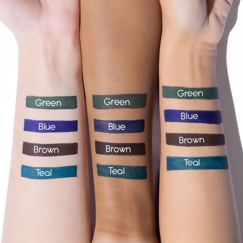 Green Kay Beauty Kajal from Katrina Kaif's 24HR Coloured Matte Kajal collection, shown in a sleek black tube with the green product inside.