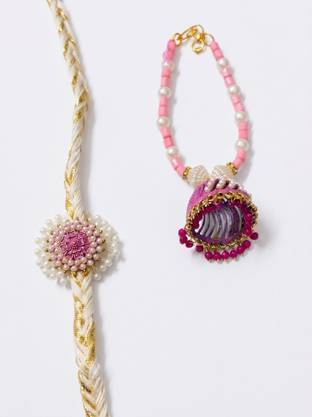 Anouk Set Of 2 Floral Perals Jhumka Design Bhaiya Bhabhi Rakhi With Roli Chawal Chandan