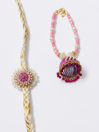 Anouk Set Of 2 Floral Perals Jhumka Design Bhaiya Bhabhi Rakhi With Roli Chawal Chandan