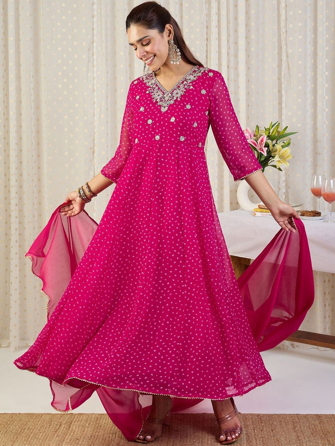 Ethnic Motifs Printed Panelled Thread Work Kurta With Trousers & Dupatta