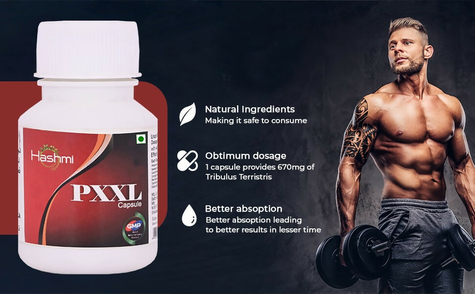 Hashmi PXXL Capsules for Men, Unani herbal capsules in a white bottle, designed to support men's health and vitality.