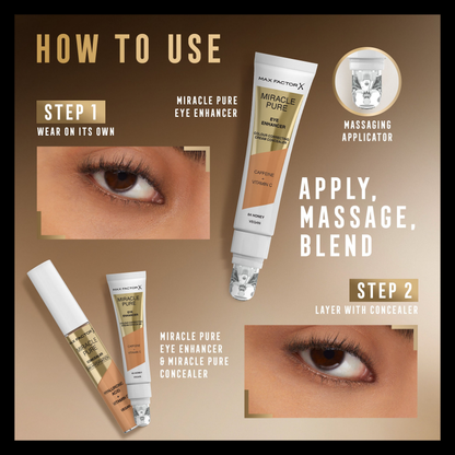 Max Factor Miracle Pure Eye Enhancer Peach under eye cream with smooth texture and peach tint for brightening and reducing dark circles.