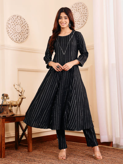 Indyancart VR Women's Black Lurex Crepe Anarkali Kurta With Trousers
