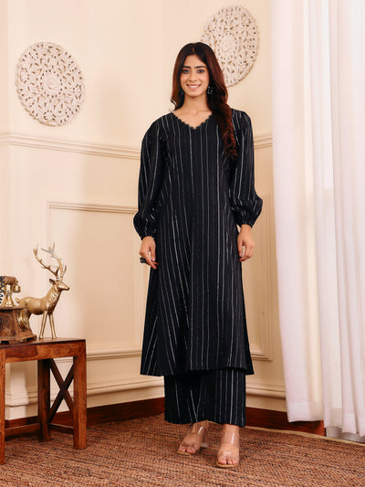 Indyancart VR Women's Black Lurex A- Line Kurta With Trousers