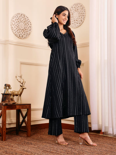 Indyancart VR Women's Black Lurex A- Line Kurta With Trousers
