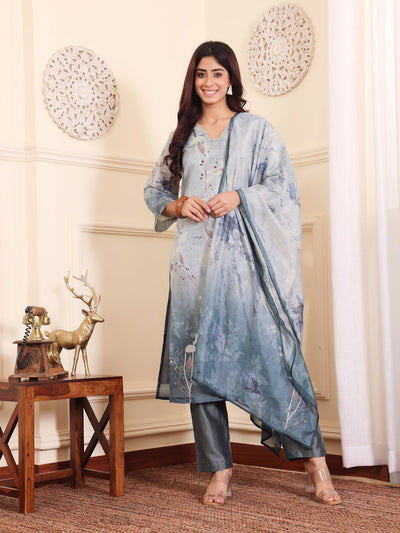 Indyancart VR Women's Grey Blue Floral Printed Straight Kurta With Trousers And Dupatta