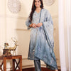 Dhiyona VR Women's Grey Blue Floral Printed Straight Kurta With Trousers And Dupatta