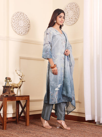 Indyancart VR Women's Grey Blue Floral Printed Straight Kurta With Trousers And Dupatta