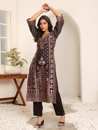 Indyancart VR Women's Blue Floral Printed Straight Kurta Paired With Tonal Bottom