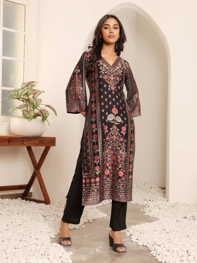 Indyancart VR Women's Blue Floral Printed Straight Kurta Paired With Tonal Bottom