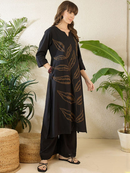 Ethnic Motifs Embroidered Notch Neck Thread Work Pure Cotton Kurta With Palazzos