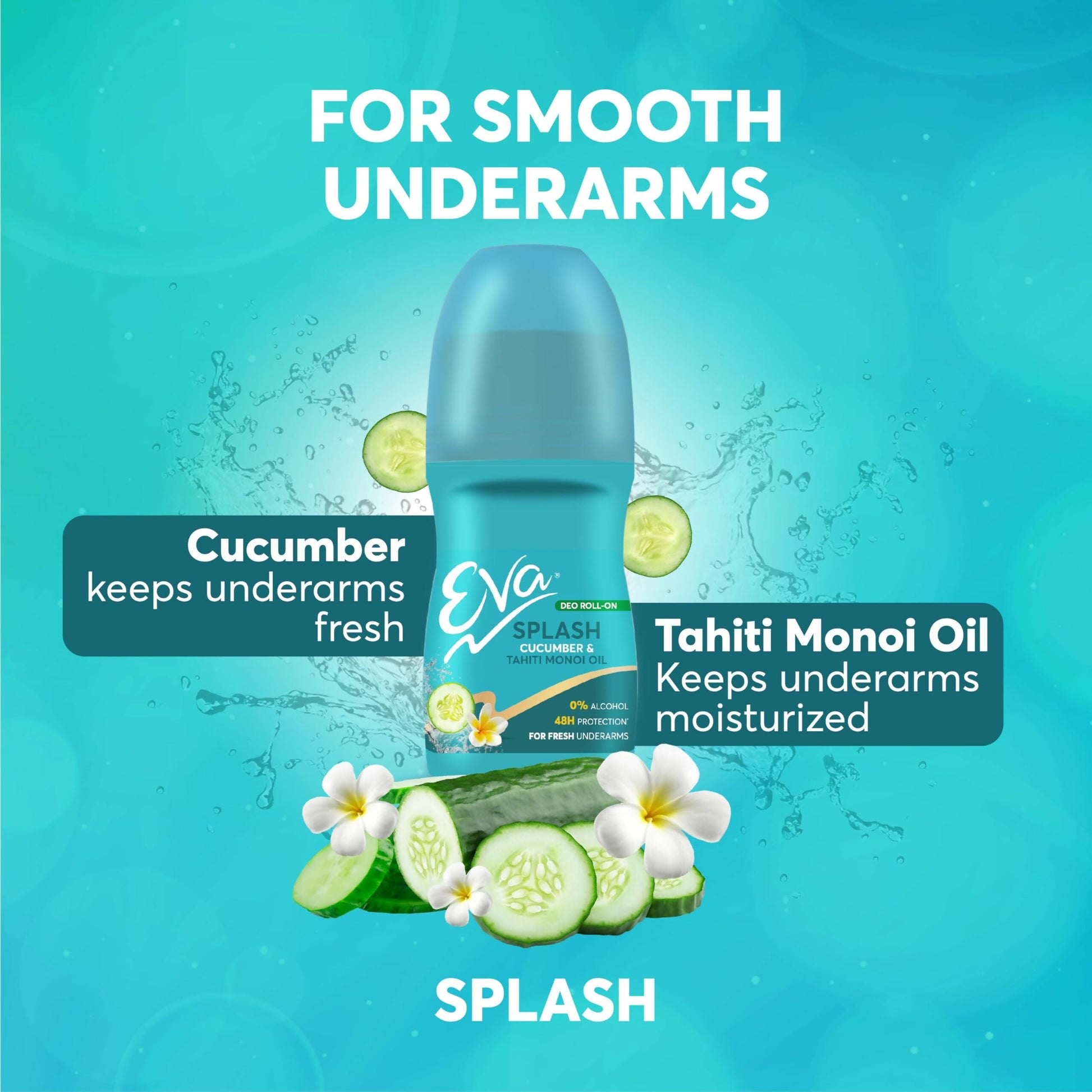 Eva underarm cream roll-on deodorant for bright, fresh, and smooth underarms, alcohol and aluminium free for women.