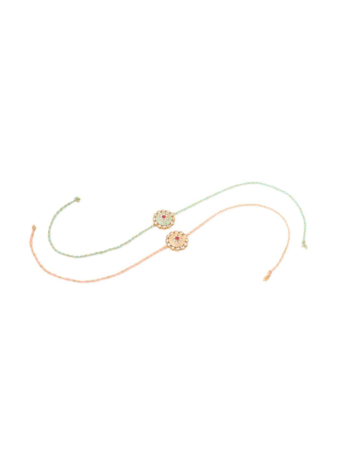 Anouk Men Set Of 2 Peach & Green Kundan Studded Round Floral Design Rakhi With Roli Chawal