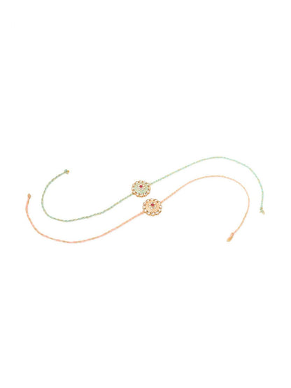 Anouk Men Set Of 2 Peach & Green Kundan Studded Round Floral Design Rakhi With Roli Chawal