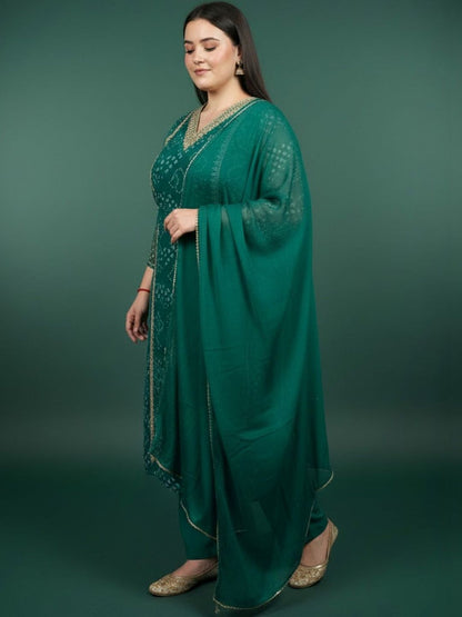 Indyancart Women's Bandhani Printed Regular Gotta Patti Kurta with Trousers & With Dupatta