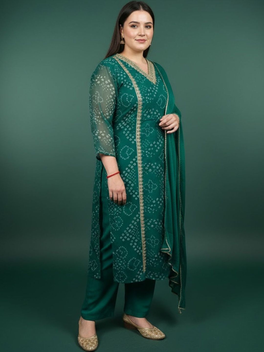 Indyancart Women's Bandhani Printed Regular Gotta Patti Kurta with Trousers & With Dupatta