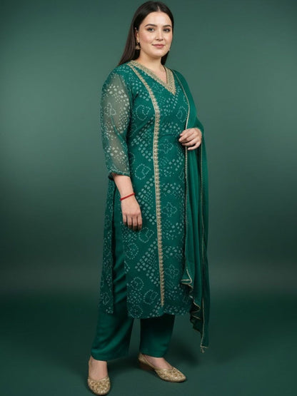 Indyancart Women's Bandhani Printed Regular Gotta Patti Kurta with Trousers & With Dupatta