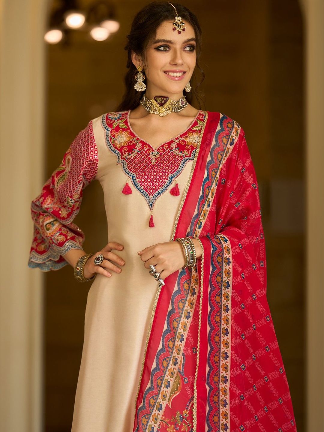 Ethnic Motifs Printed V-Neck Thread Work Kurta With Trousers & Dupatta