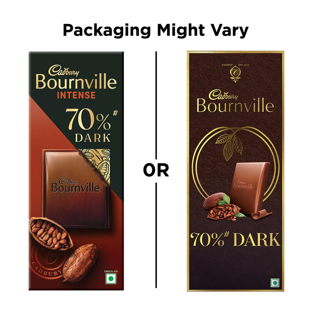 Cadbury Bournville 70% dark chocolate bar with rich cocoa, showing the chocolate bar and packaging.
