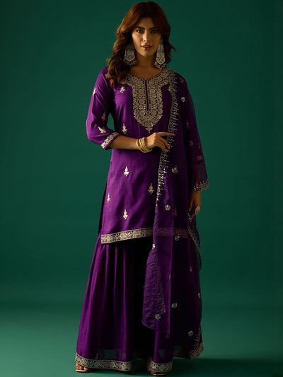 Dhiyona VA Ethnic Motifs Embroidered Zari Kurta With Sharara & Dupatta