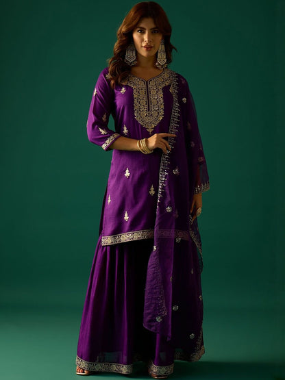 Indyancart VA Ethnic Motifs Embroidered Zari Kurta With Sharara & Dupatta