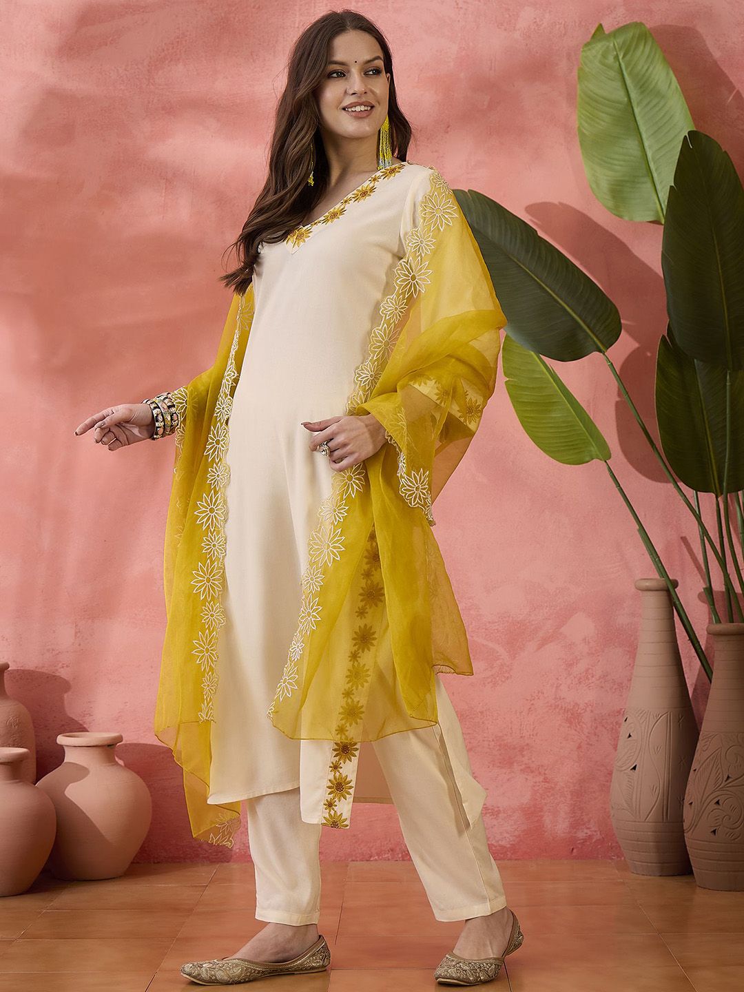 Indyancart SN Women's Cream Floral Embroidered V-Neck Straight Kurta With Trouser And Dupatta
