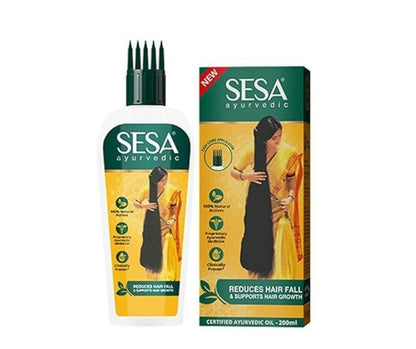 Sesa Ayurvedic Hair Oil bottle with dropper, showcasing natural herbal ingredients for nourishing hair care.
