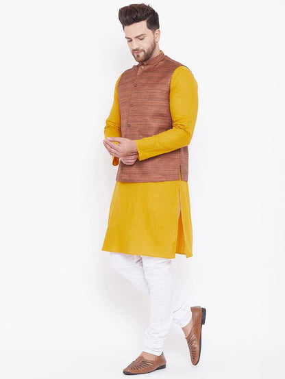 Men's Mustard Cotton Blend Straight Jacket  Kurta and Pyjama Set