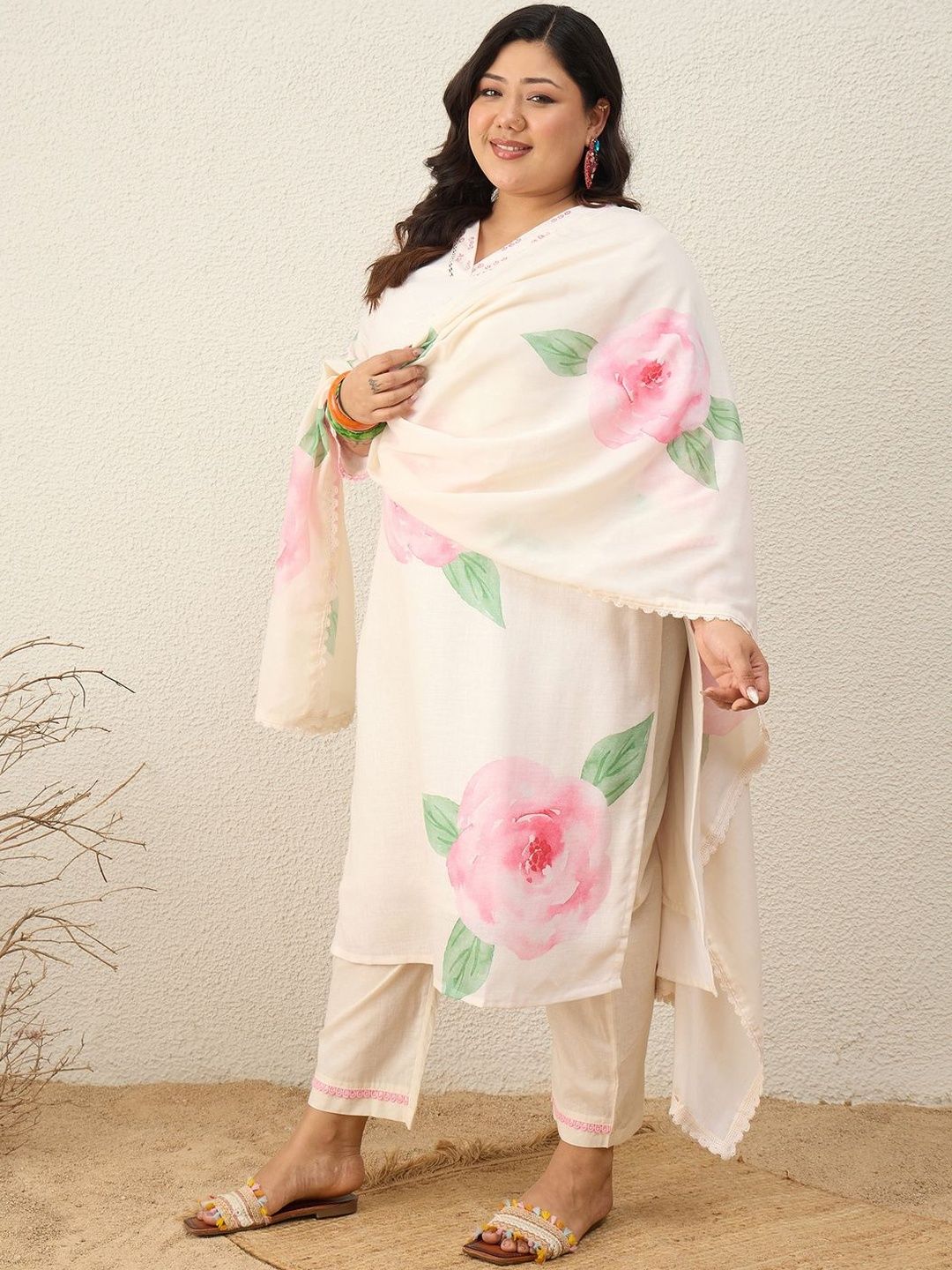 Indyancart Women's Floral Printed Regular Linen Kurta with Trousers & With Dupatta