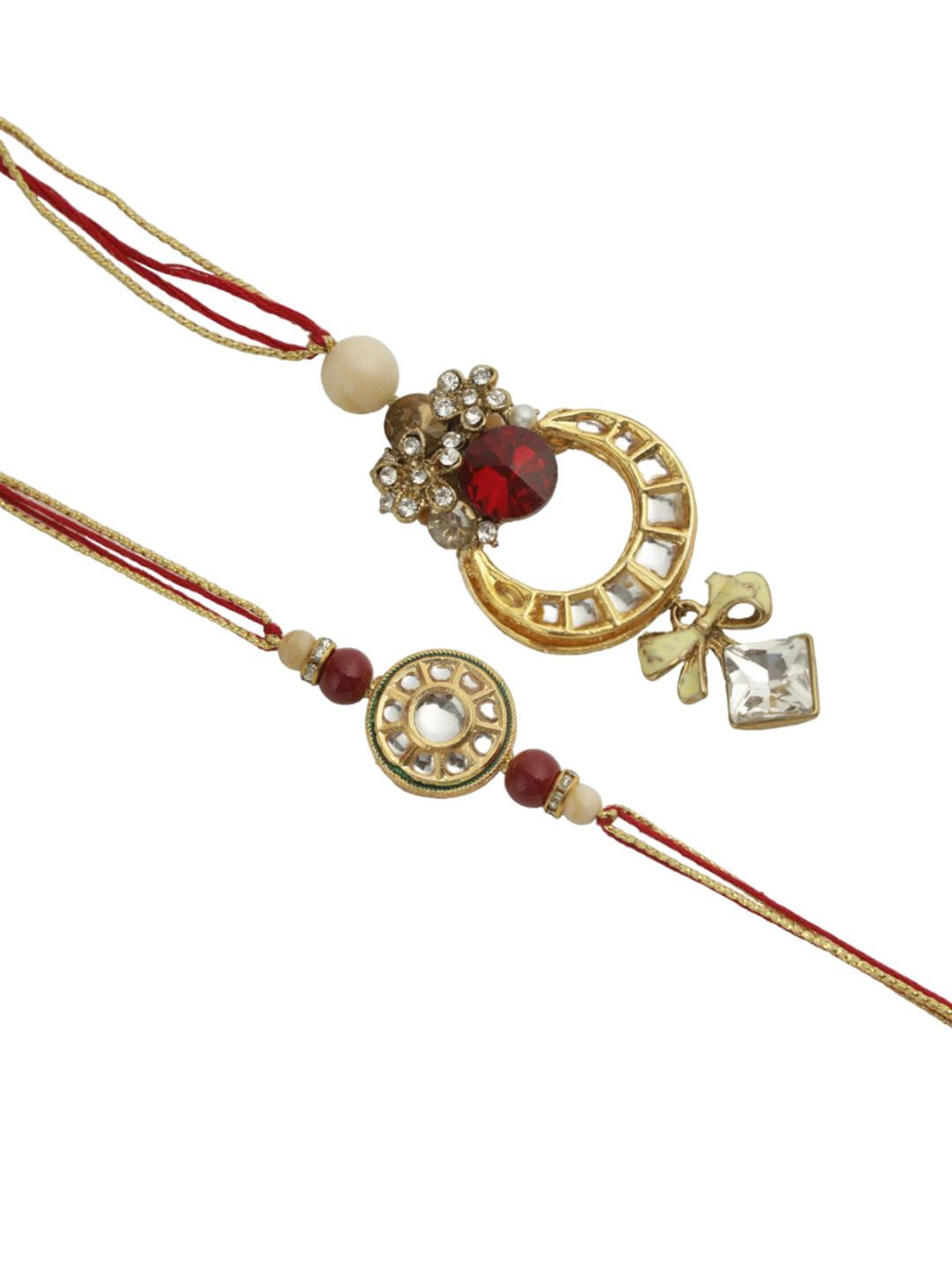 Anouk Red Stone Studded & Beaded Bhaiya Bhabhi Thread Rakhis With Roli Chawal