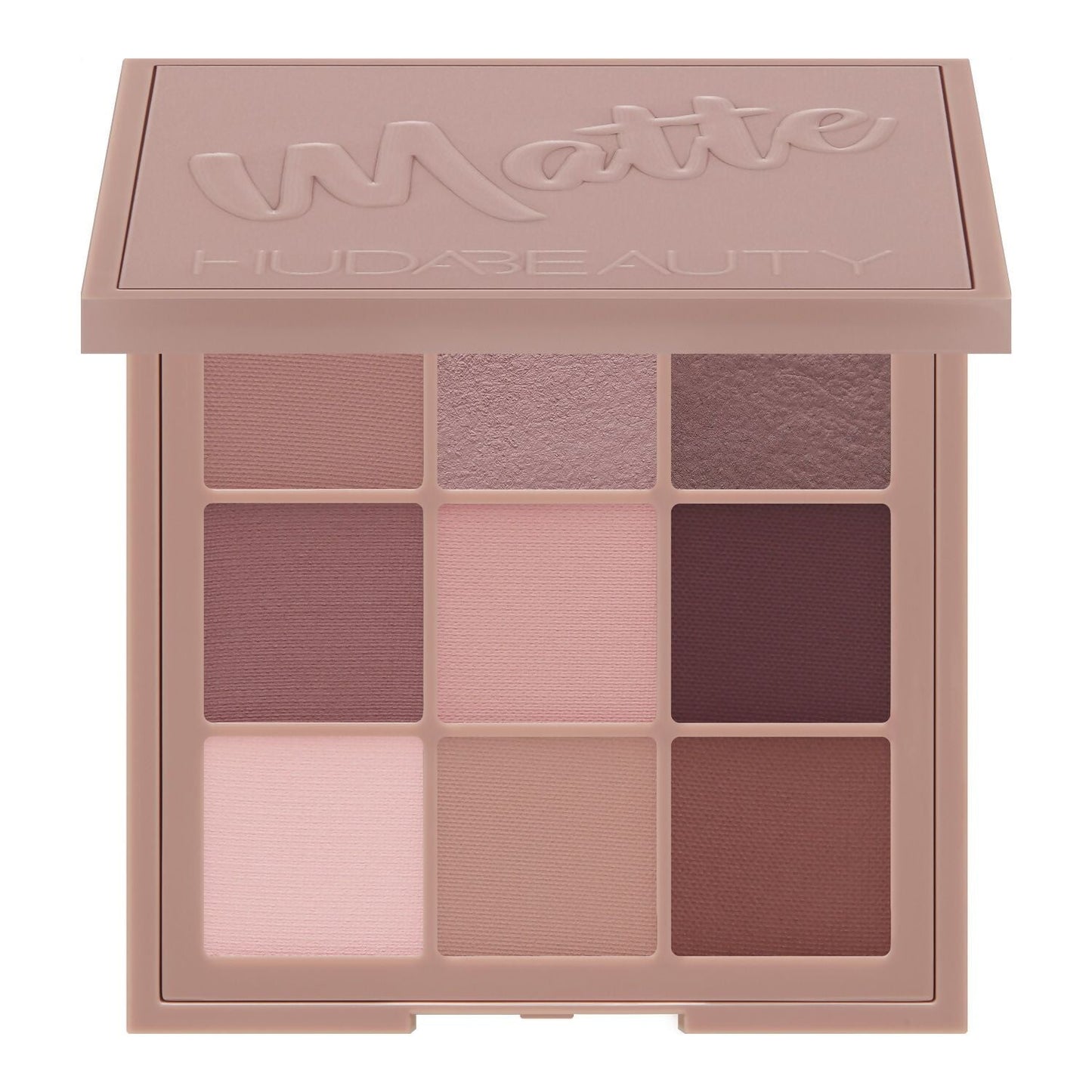 Huda Beauty Matte Obsessions Cool Eyeshadow Palette with shades of gray and blue in sleek compact for eye makeup.