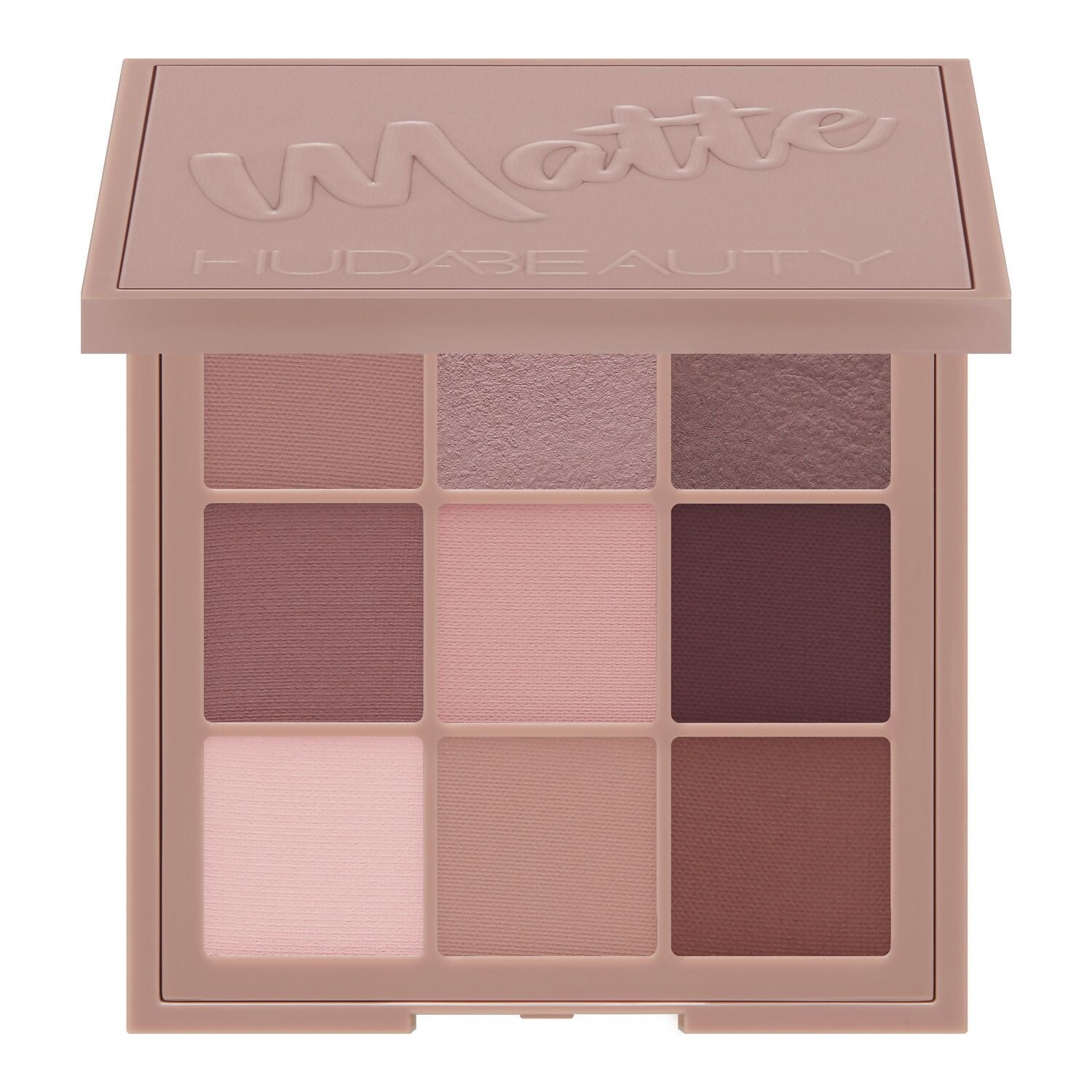 Huda Beauty Matte Obsessions Cool Eyeshadow Palette with shades of gray and blue in sleek compact for eye makeup.