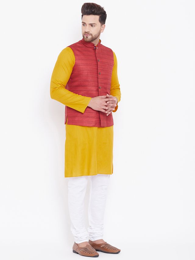 Men's Mustard Cotton Blend Straight Jacket  Kurta and Pyjama Set