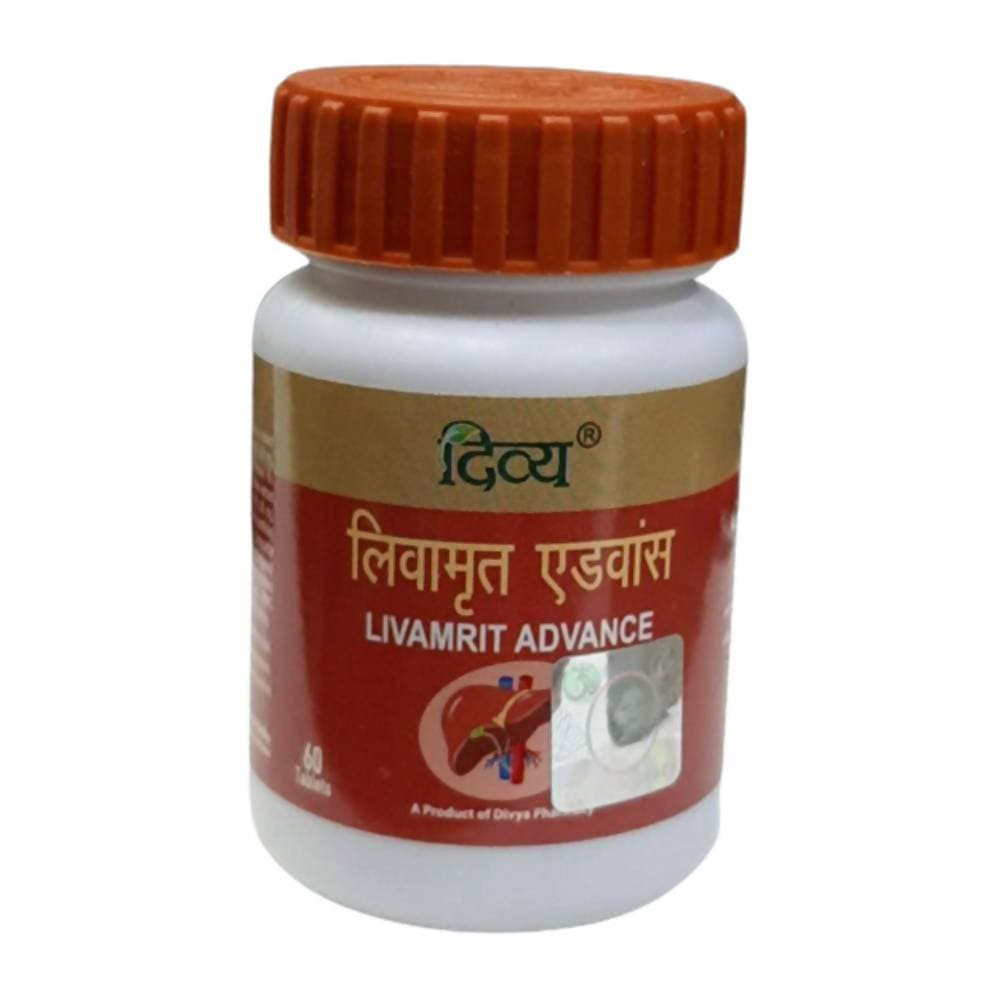 Patanjali Divya Livamrit Advance Ayurvedic wellness supplement in a green and white bottle with label details visible.