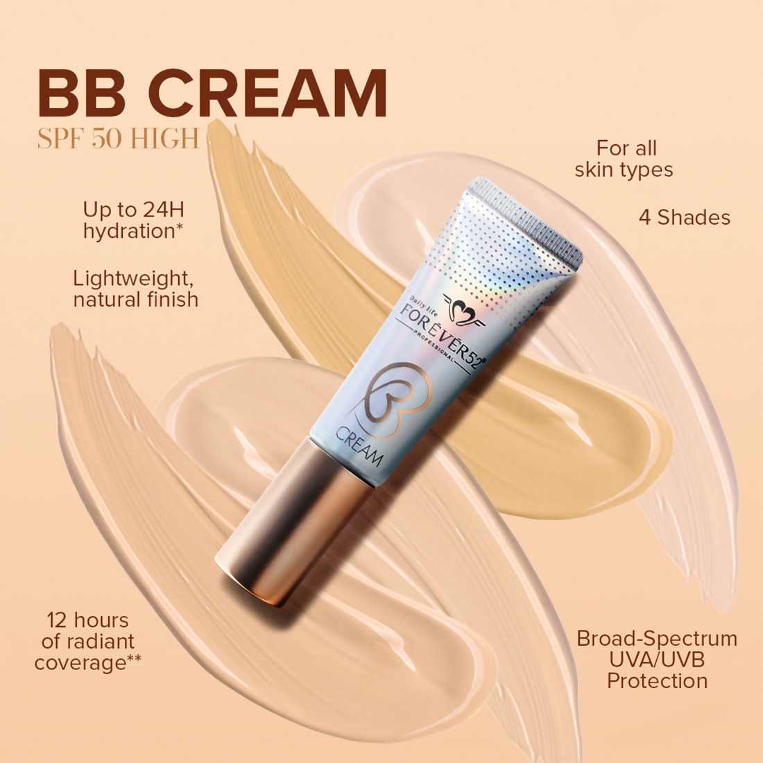 Daily Life Forever52 BB Cream SPF 50 ZB003 in a tube, with a smooth beige texture, designed for even skin tone and sun protection.