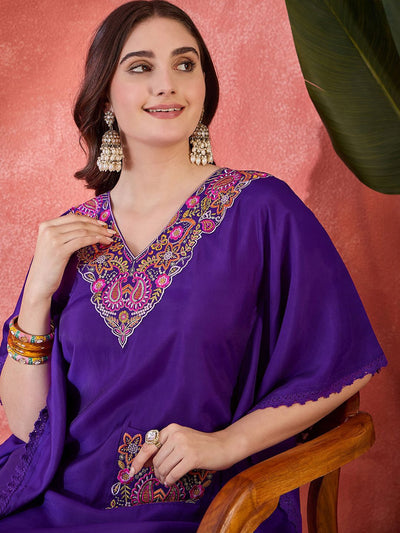 Indyancart SN Women's Ethnic Motifs Embroidered Zari Sequence Kaftan Kurta & Trousers Set