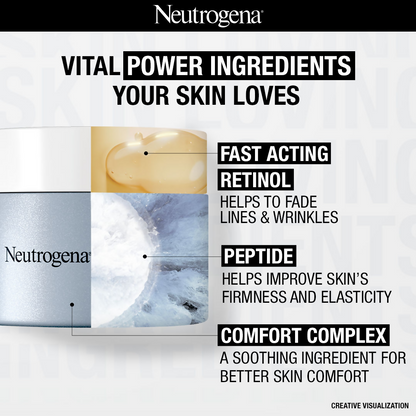 Neutrogena Visible Repair Face Cream with retinol and peptides, showing a tube of regenerating anti-aging skincare.