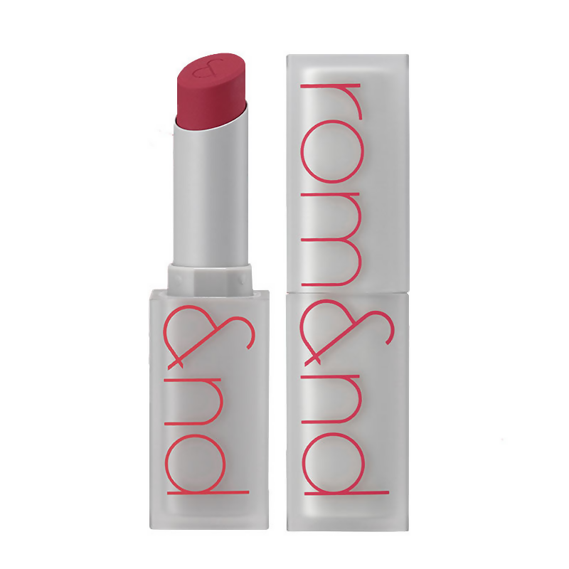 Rom&nd Zero Matte Lipstick in Dusty Pink, showcasing the smooth, matte lipstick tube with the product label visible.
