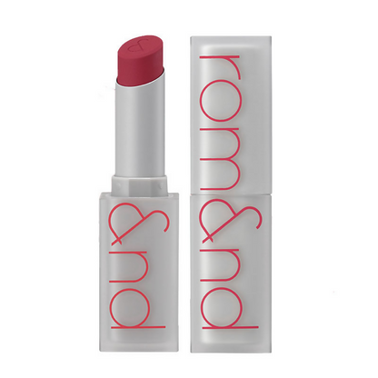 Rom&nd Zero Matte Lipstick in Dusty Pink, showcasing the smooth, matte lipstick tube with the product label visible.
