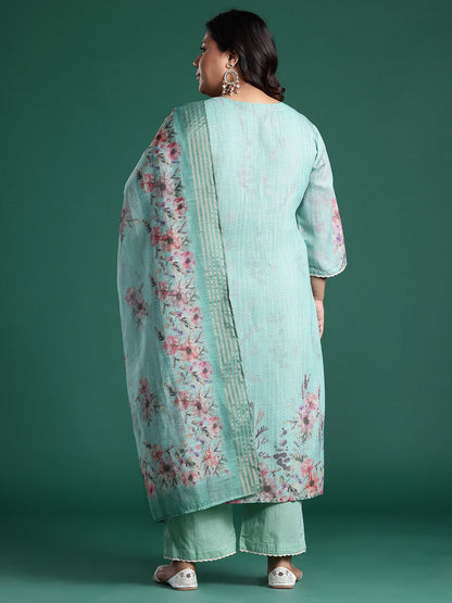 Indyancart Women's Plus Size Floral Print Regular Thread Work Kurta with Palazzos & Dupatta