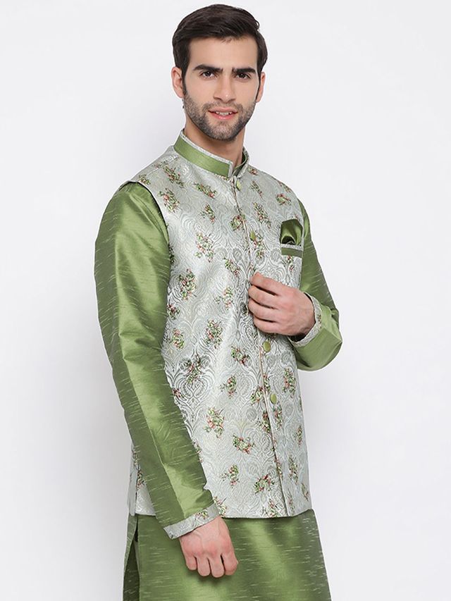 Men's Green Cotton Silk Straight Jacket  Kurta and Pyjama Set