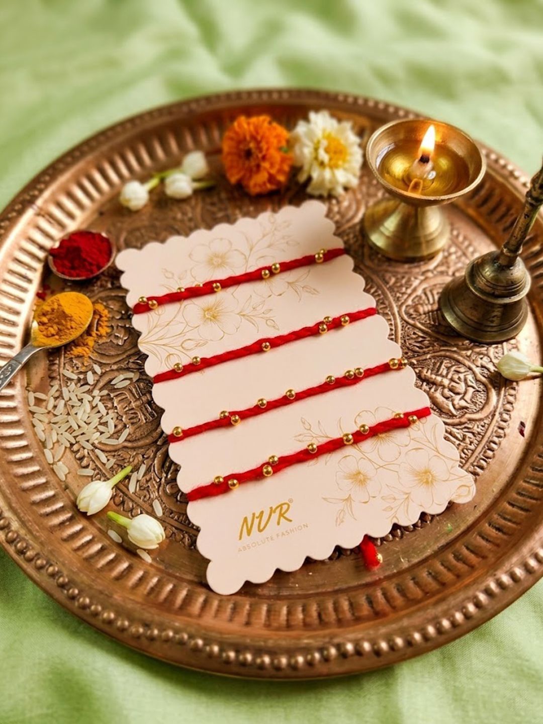 Anouk Set Of 4 Traditional Red Thread Rakhi With Roli Chawal Chandan Mishri