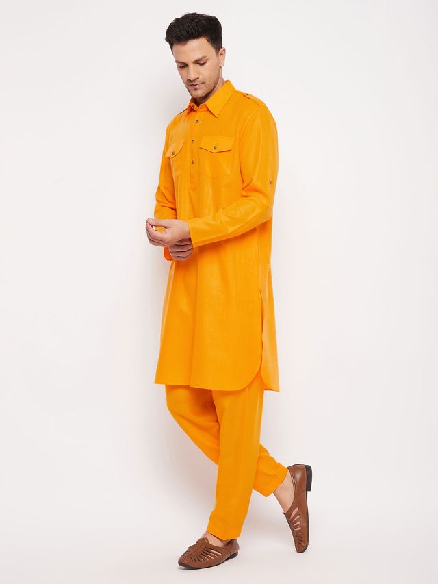 Men's Mustard Cotton Blend Pathani Pathani Kurta Set