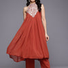 Dhiyona VA Women'sFloral Yoke Design Thread Work Pleated Silk Georgette A-Line Kurta with Trousers