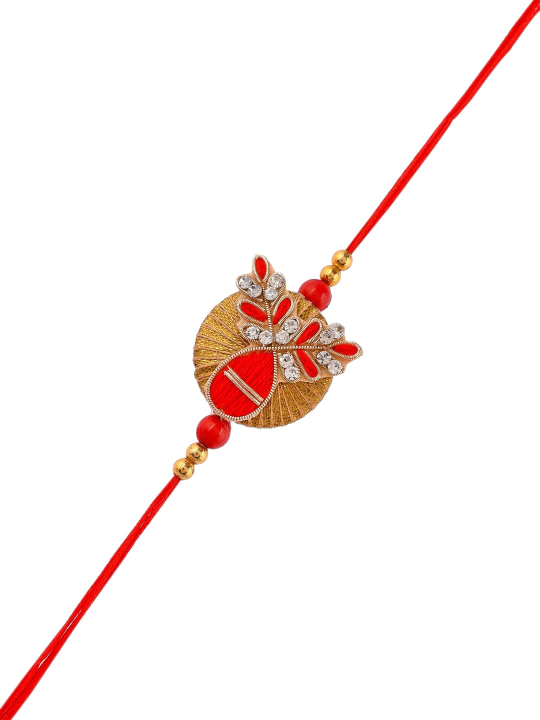 Anouk Red Beaded Rakhi With Roli Chawal & Greeting Card