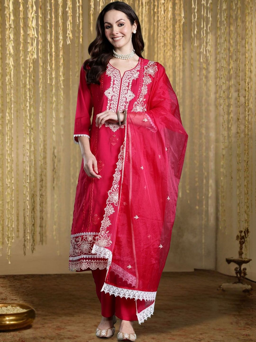 Women Ethnic Motifs Embroidered Regular Thread Work Kurta with Trousers & With Dupatta