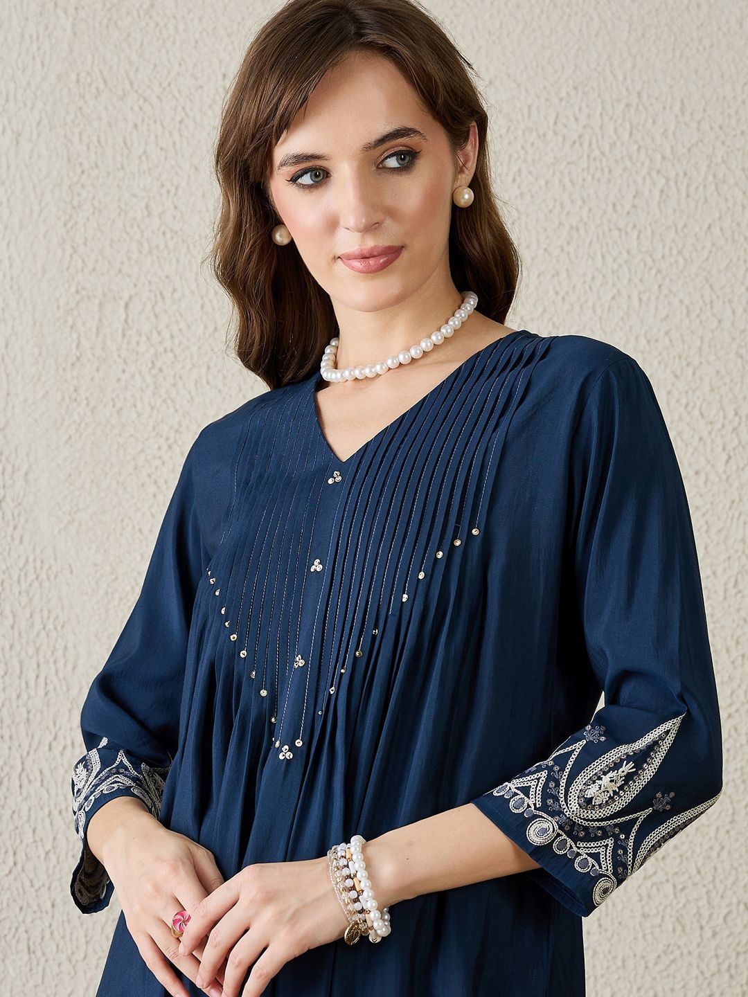 Floral Embroidered Pleated Kurta with Trousers