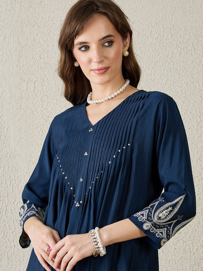 Floral Embroidered Pleated Kurta with Trousers