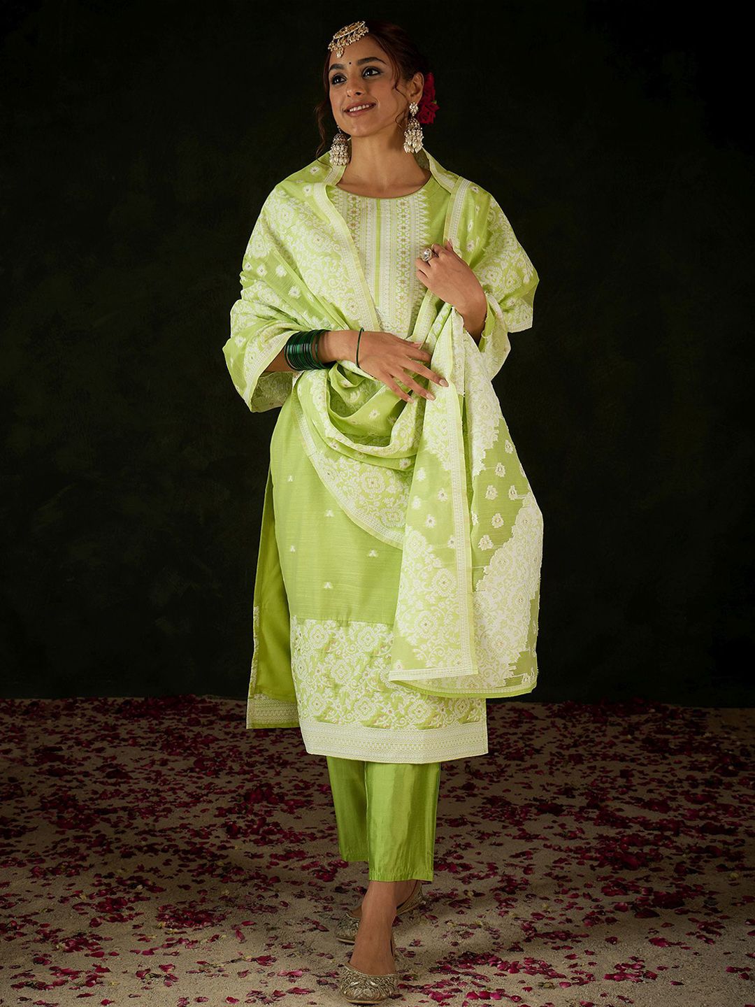 Women Ethnic Motifs Regular Kurta with Trousers & With Dupatta