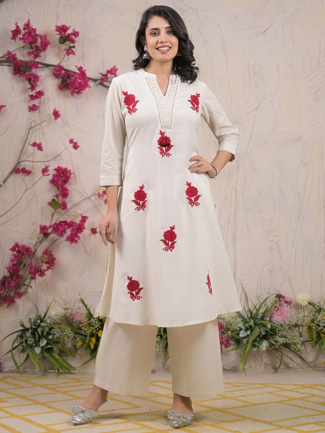 Floral Embroidered Thread Work Pure Cotton A-Line Kurta With Palazzos